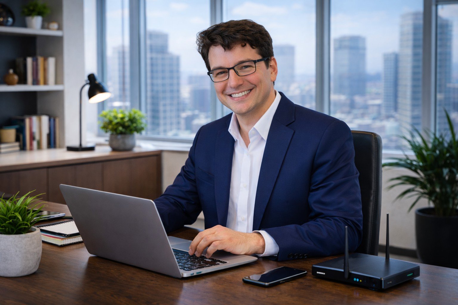 Leo Alzhin working on a laptop at a desk